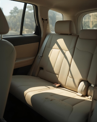 プロの温水リンサーで車のシートを洗浄している作業風景